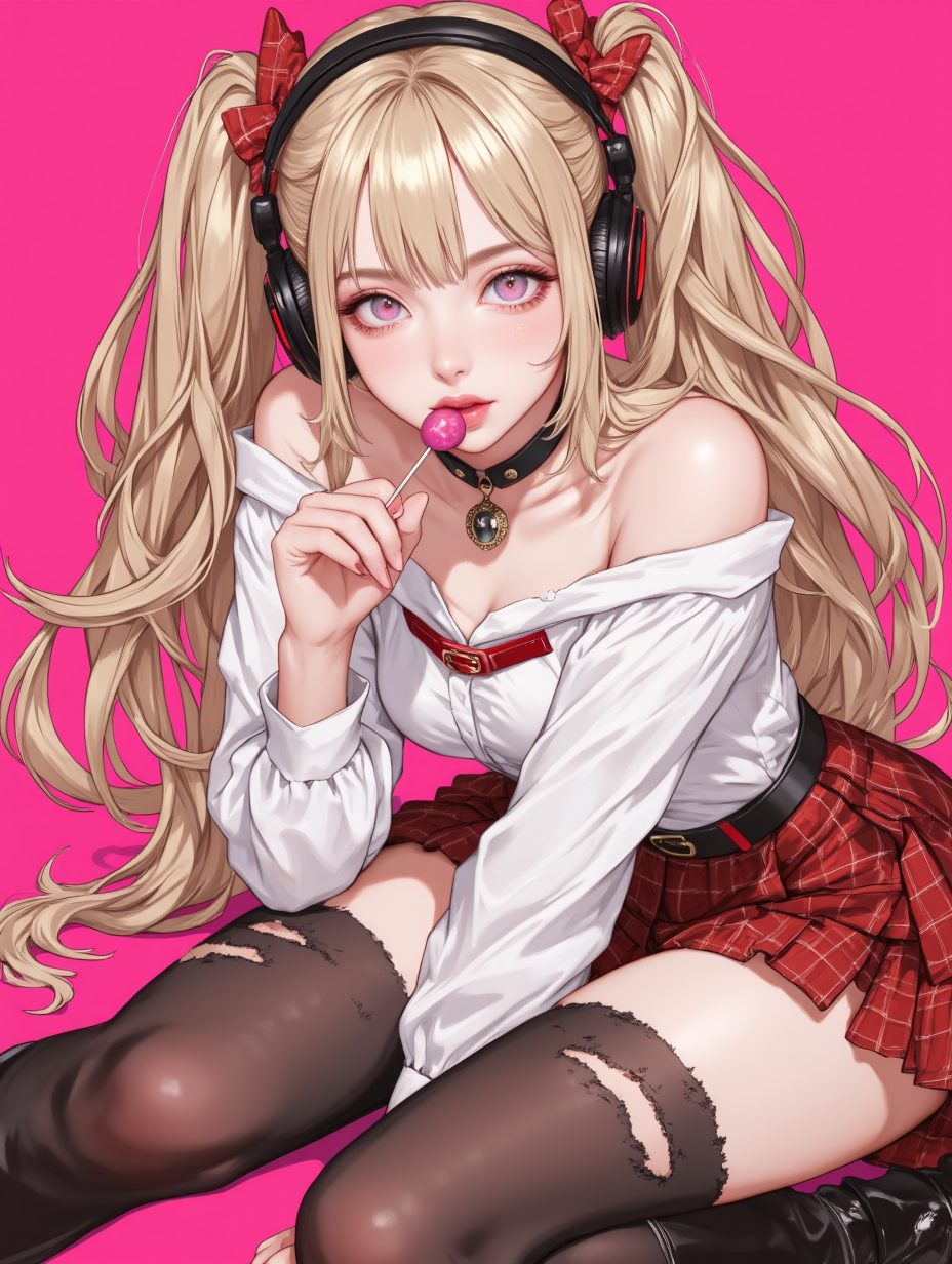 粉色背景下的耳机金发双马尾动漫少女