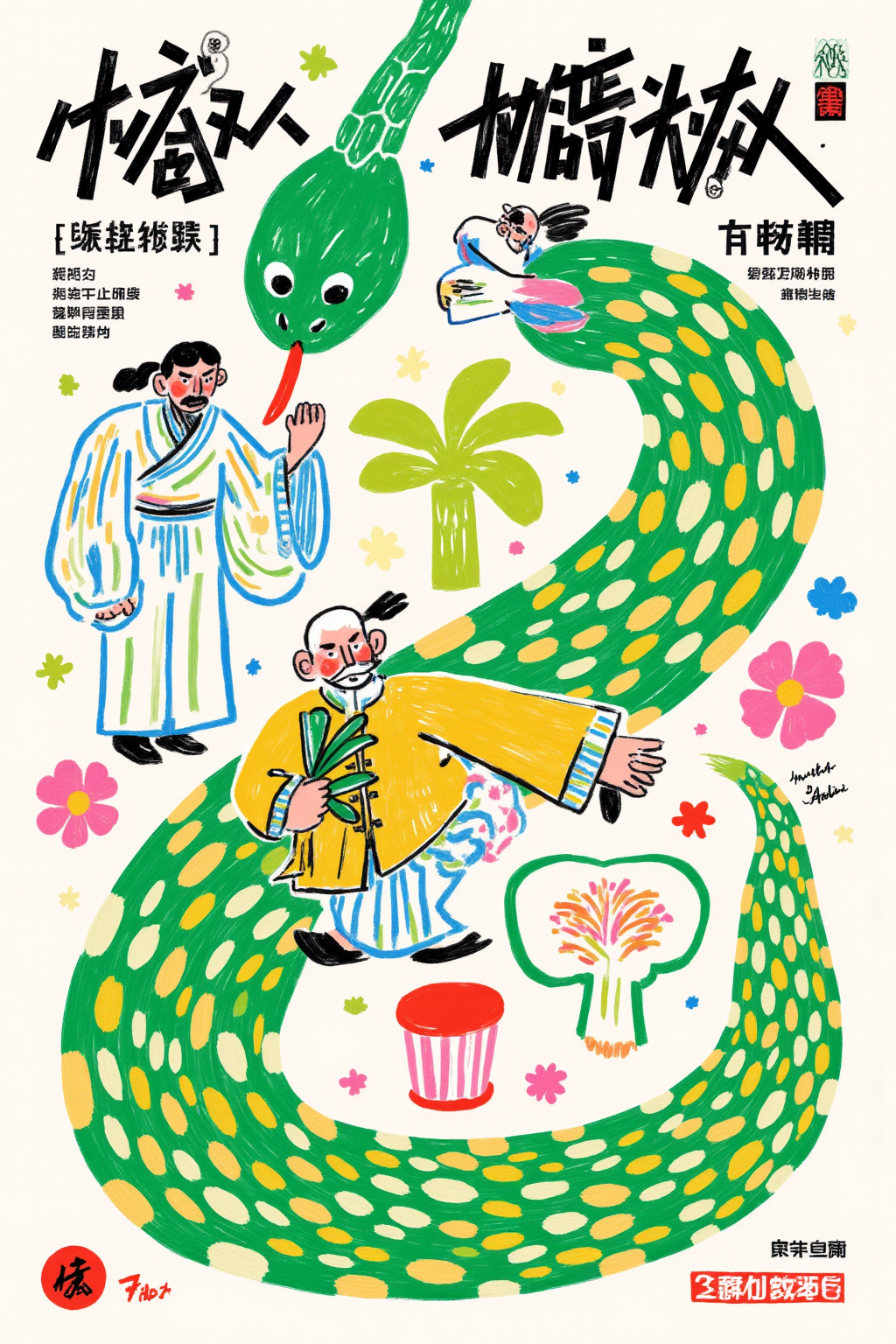 缠绕巨蛇与人物互动的民俗风插画海报