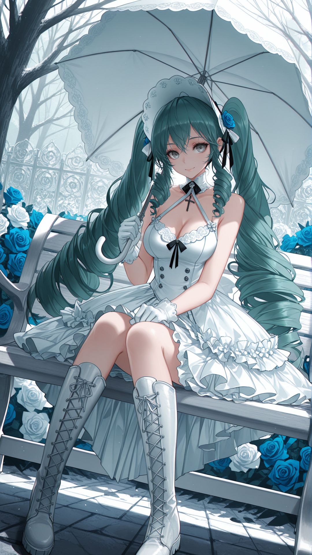 蓝白花园中的洛丽塔少女与阳伞
