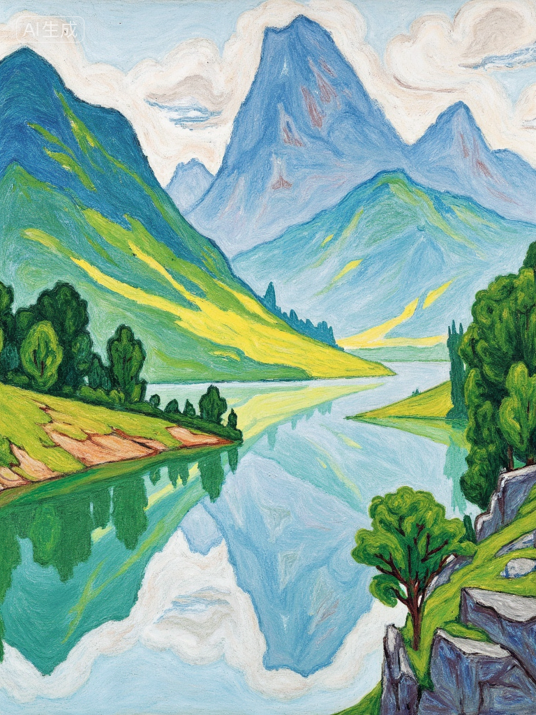 梦幻山谷湖景插画