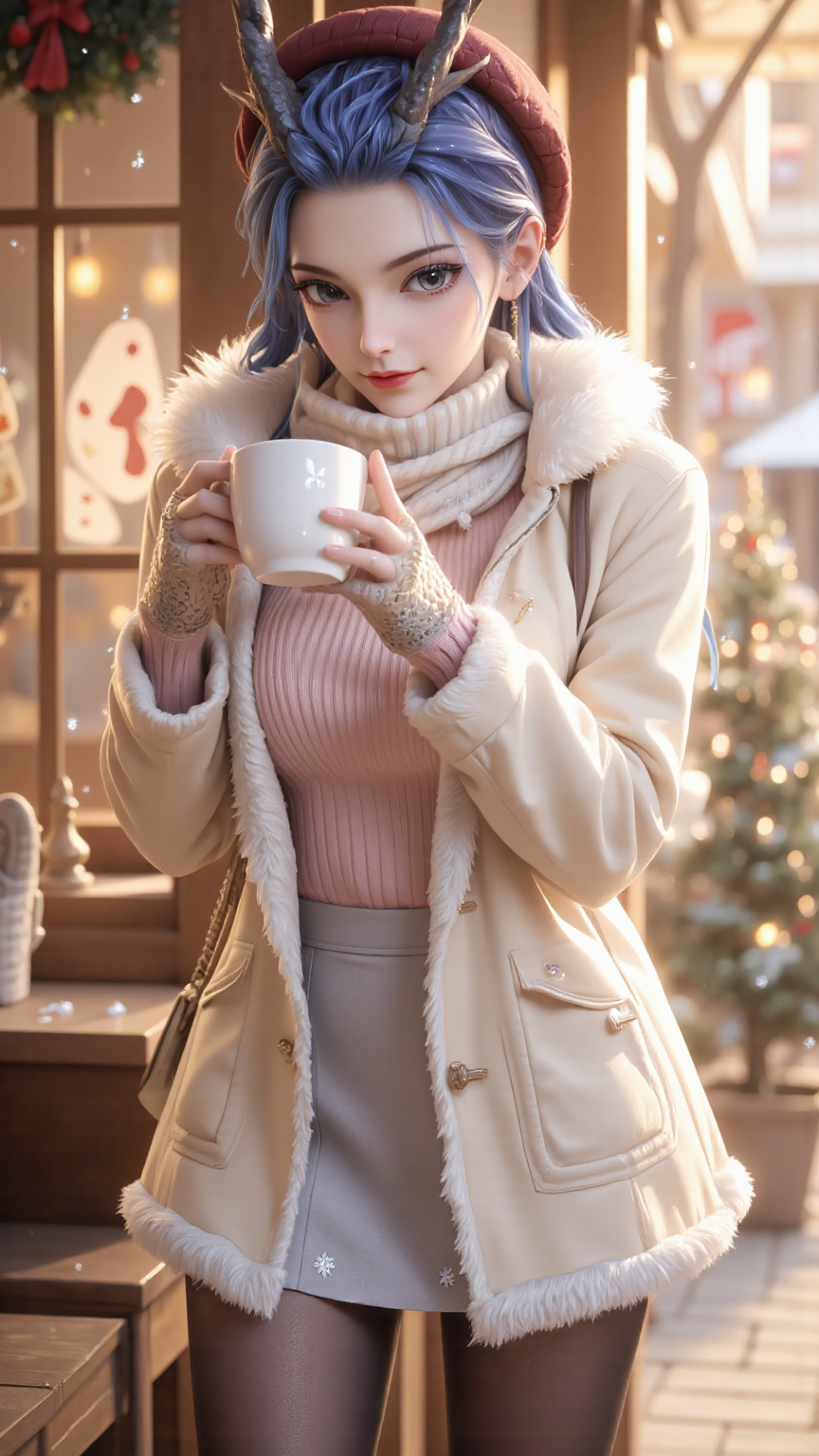 冬日书房中的蓝发阅读少女