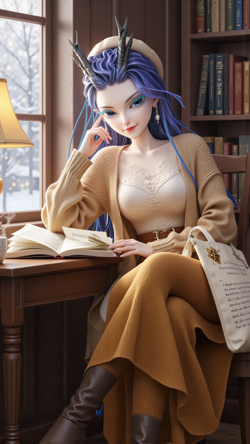 冬日书房中的蓝发阅读少女