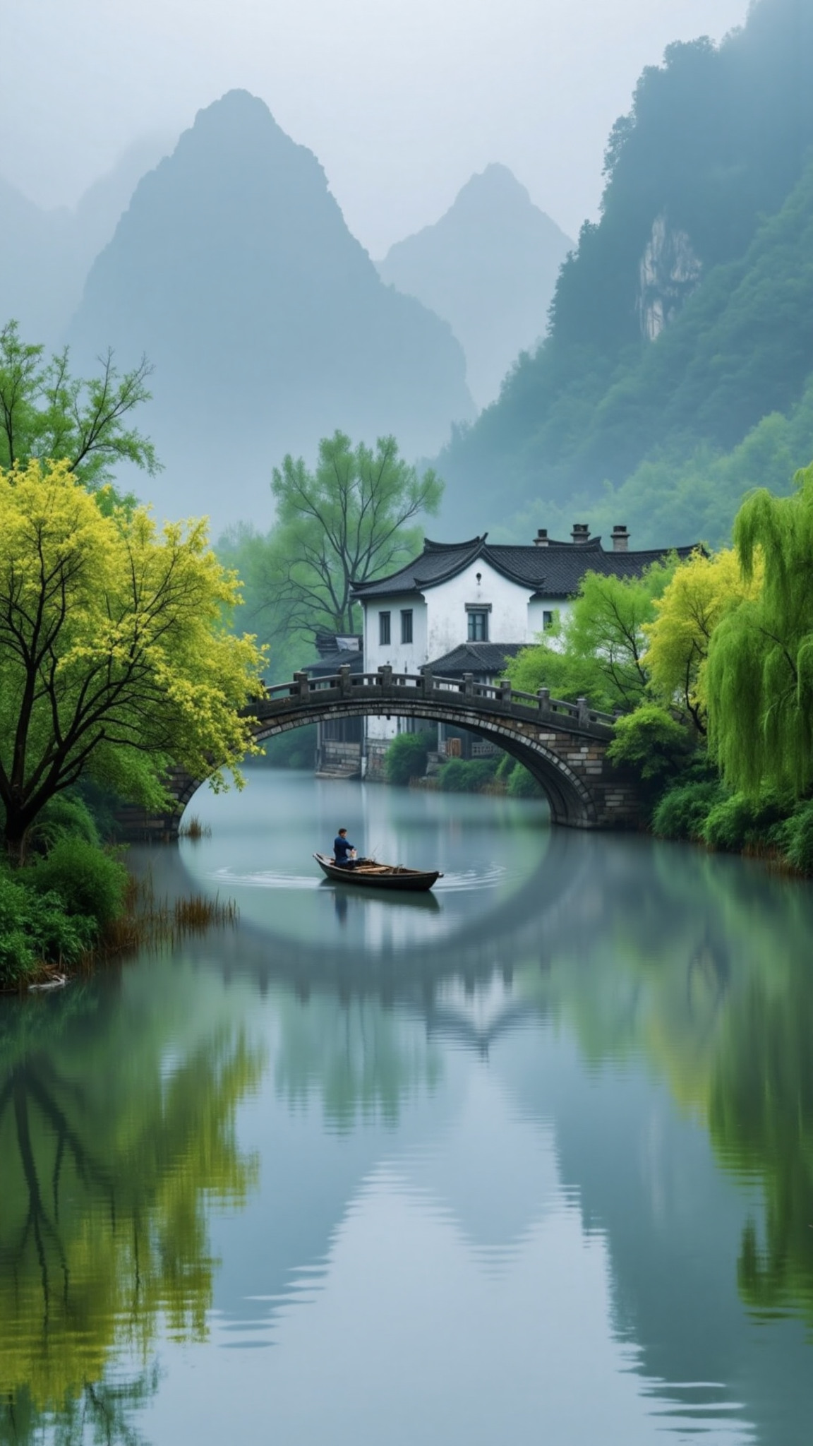 烟雨山水中的江南古桥与孤舟