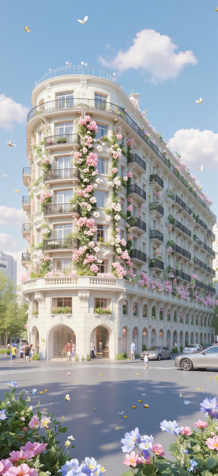 春日花海中的欧式街角建筑