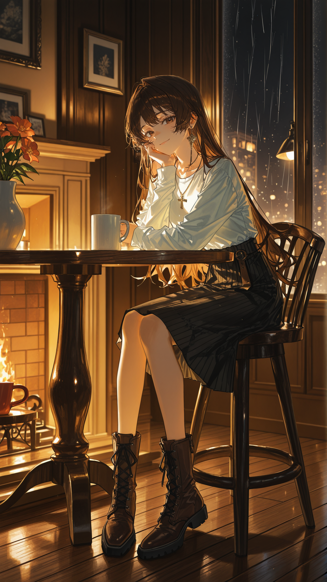 暖光室内窗边静坐的少女