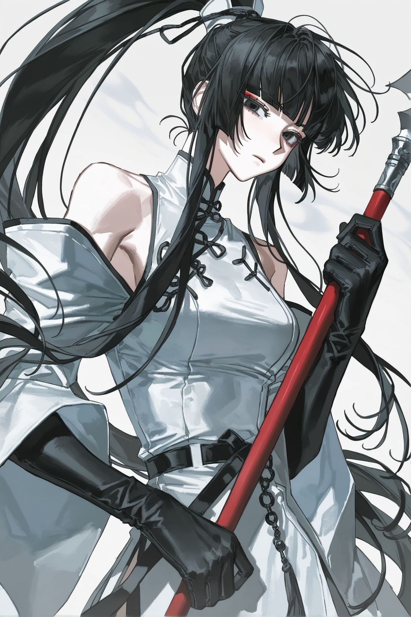 持红缨长兵的古风黑发女性角色插画
