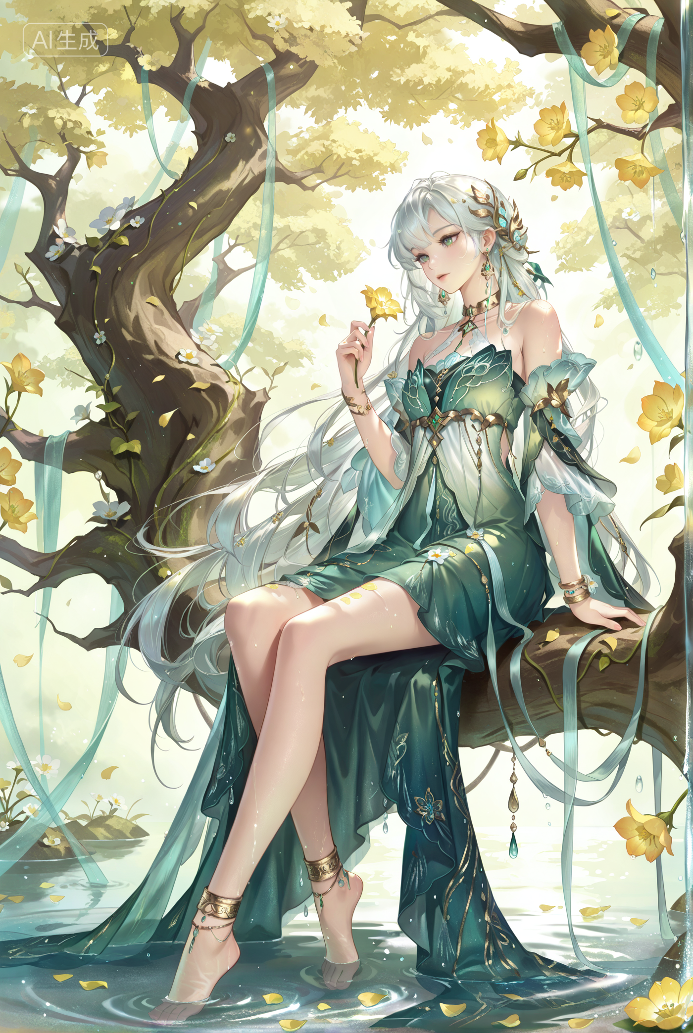 林间树梢上的精灵系长裙少女