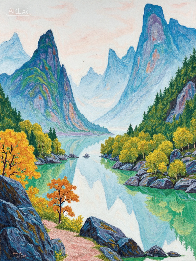 梦幻山谷湖景插画