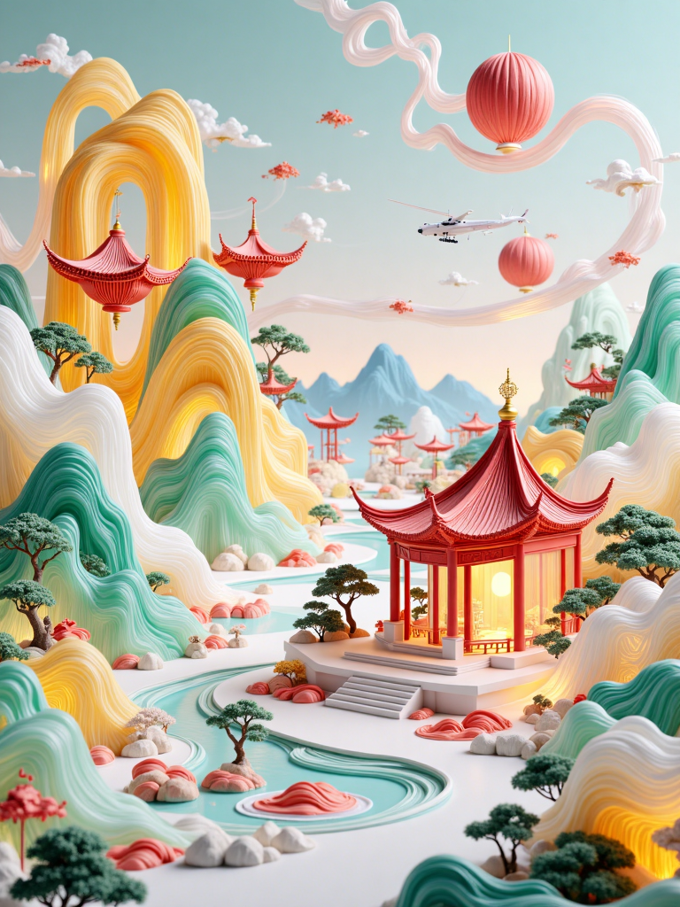 梦幻东方仙境中的彩色山水与亭台楼阁