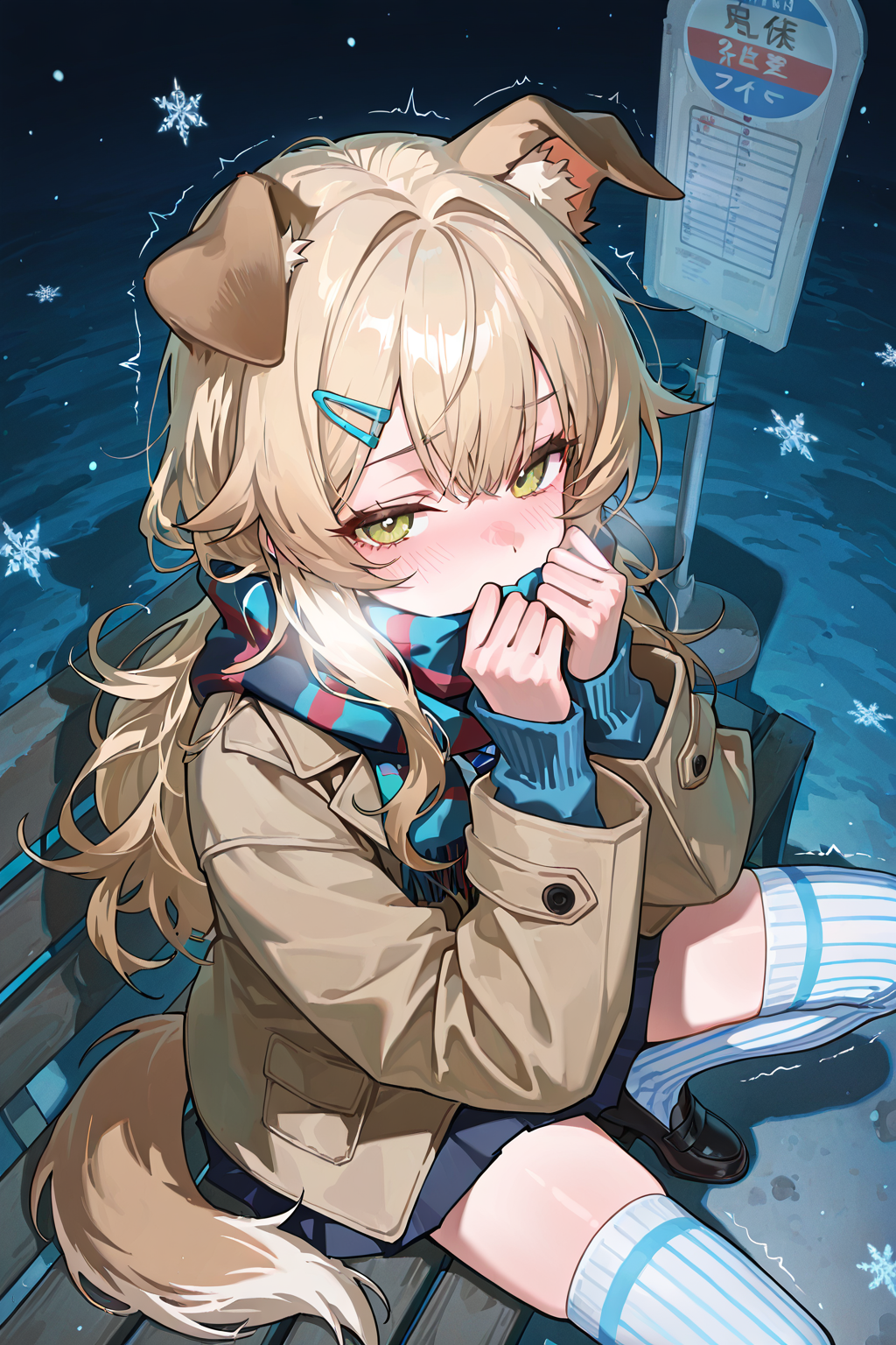 雪夜公交站台上的兽耳少女