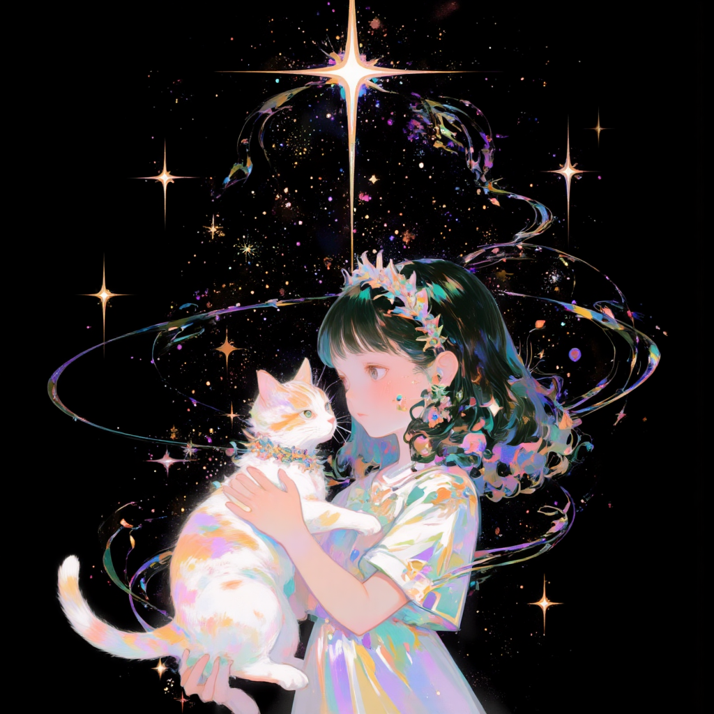 星光缠绕中的女孩与彩虹猫