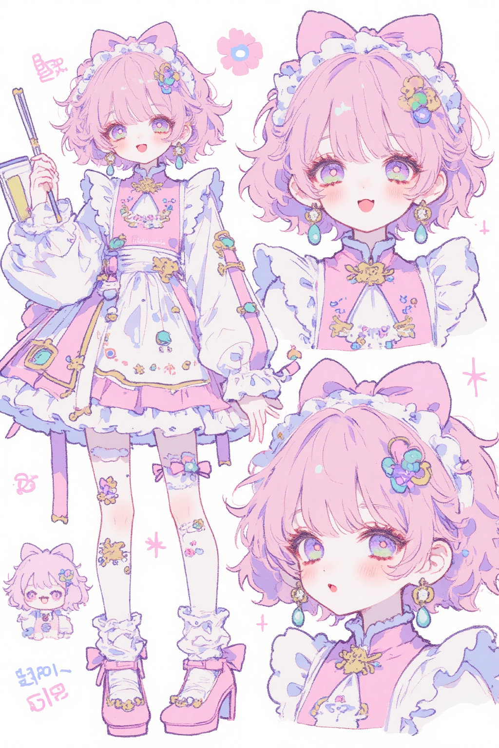 梦幻洛丽塔风粉发少女角色设定图