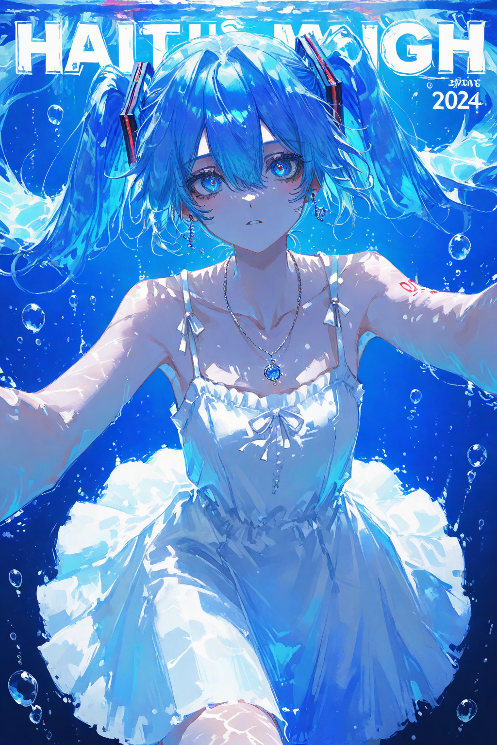 蓝色海底风格的动漫少女插画海报