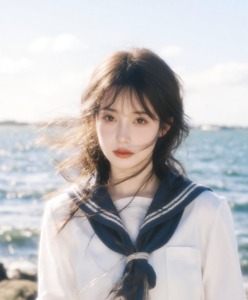 海边微风中的水手服少女