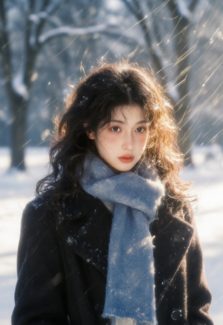 冬日雪景中的围巾女子