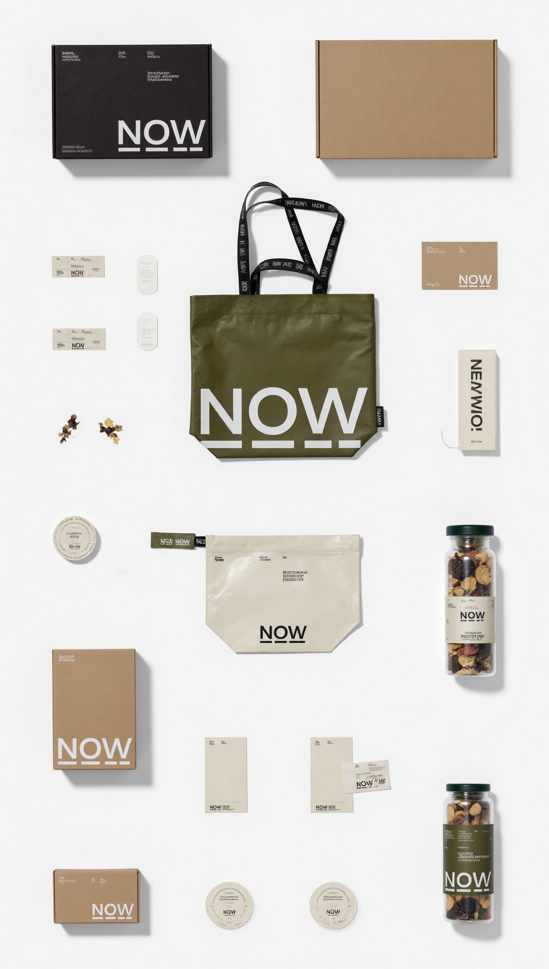 NOW品牌包装与周边物料展示图