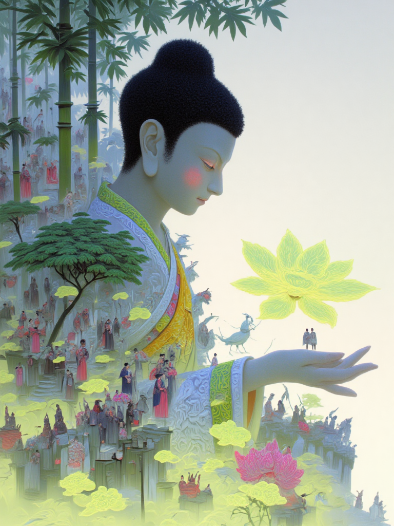 禅意古风佛像与梦幻花境融合画面