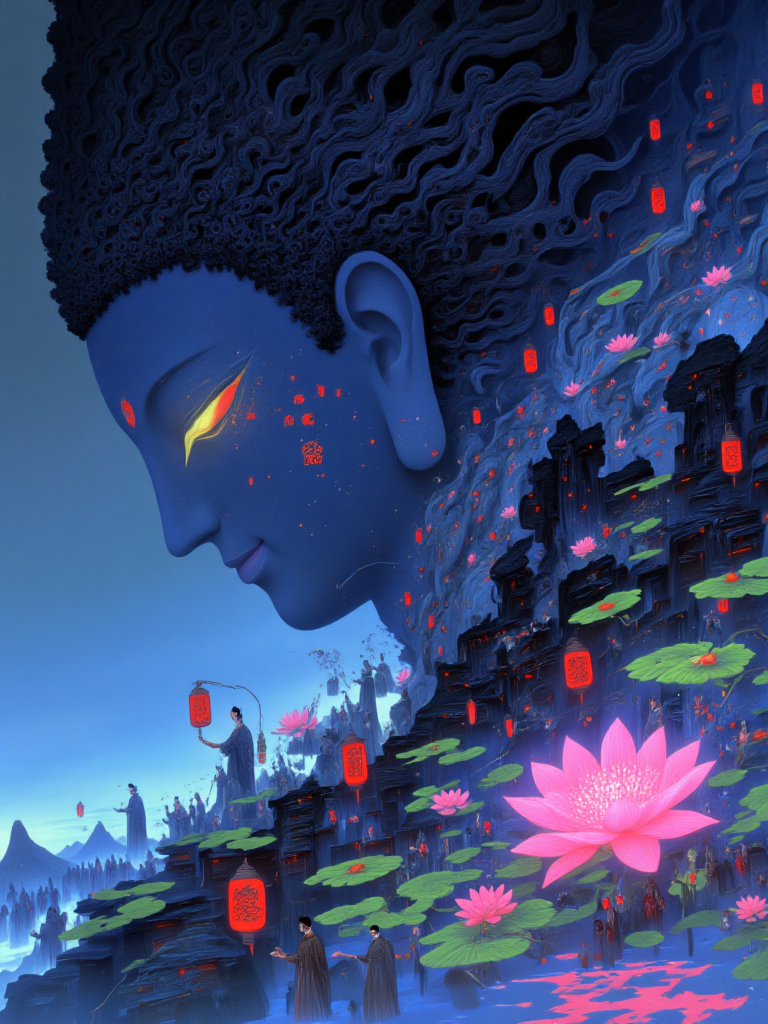 蓝色梦境中的佛像与莲灯幻境