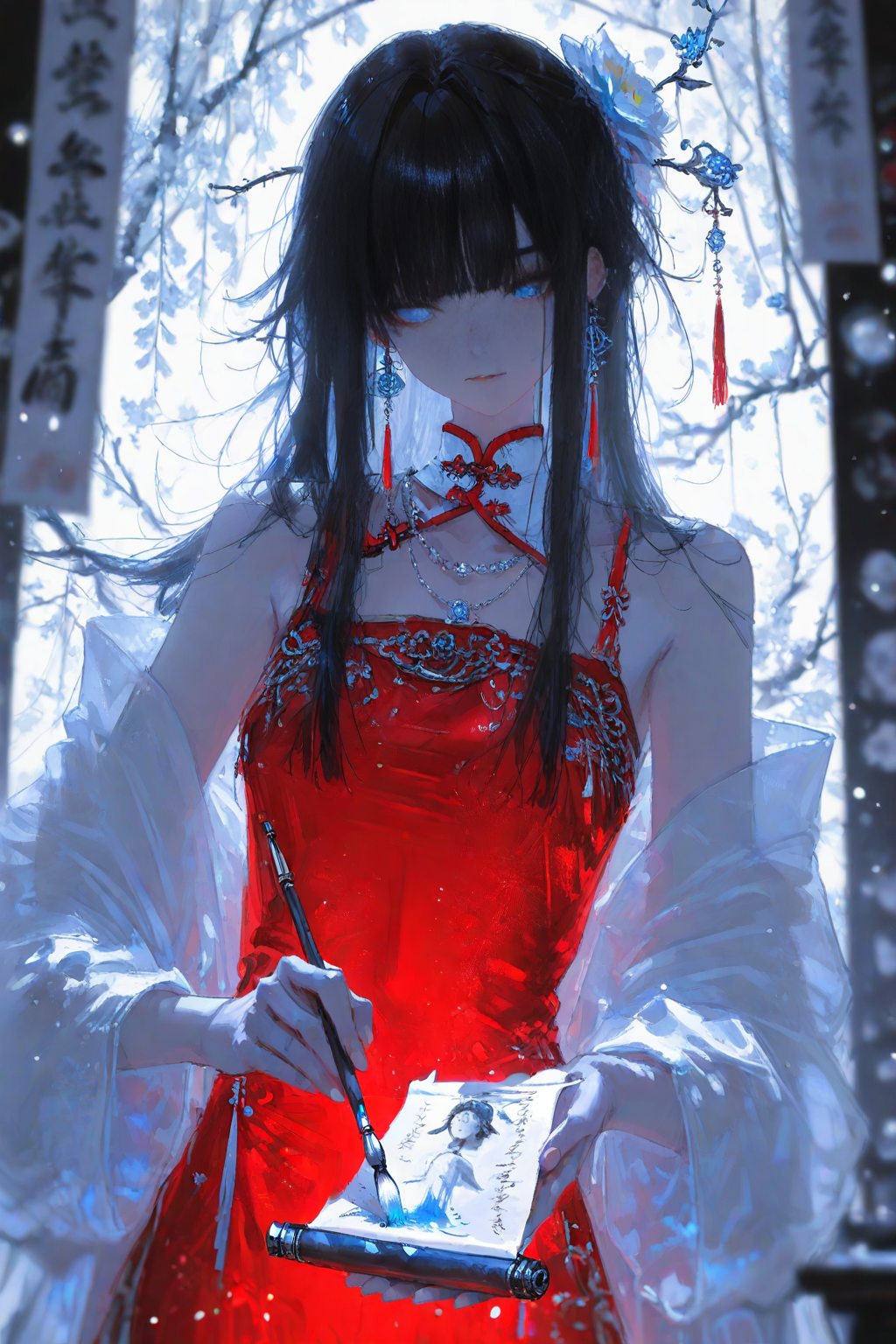 雪色花枝间的红衣少女