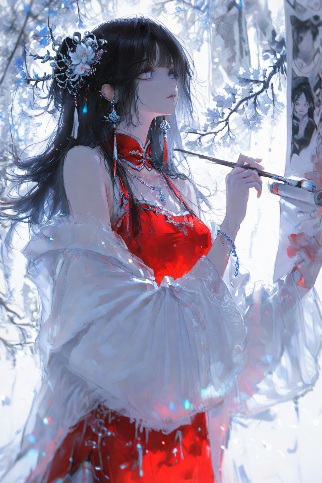 雪色花枝间的红衣少女