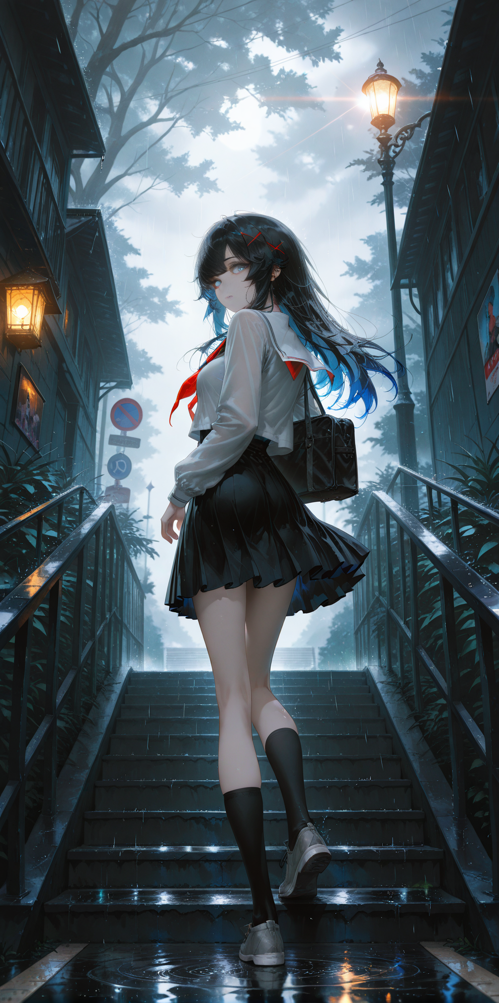 雨夜楼梯间的背影少女