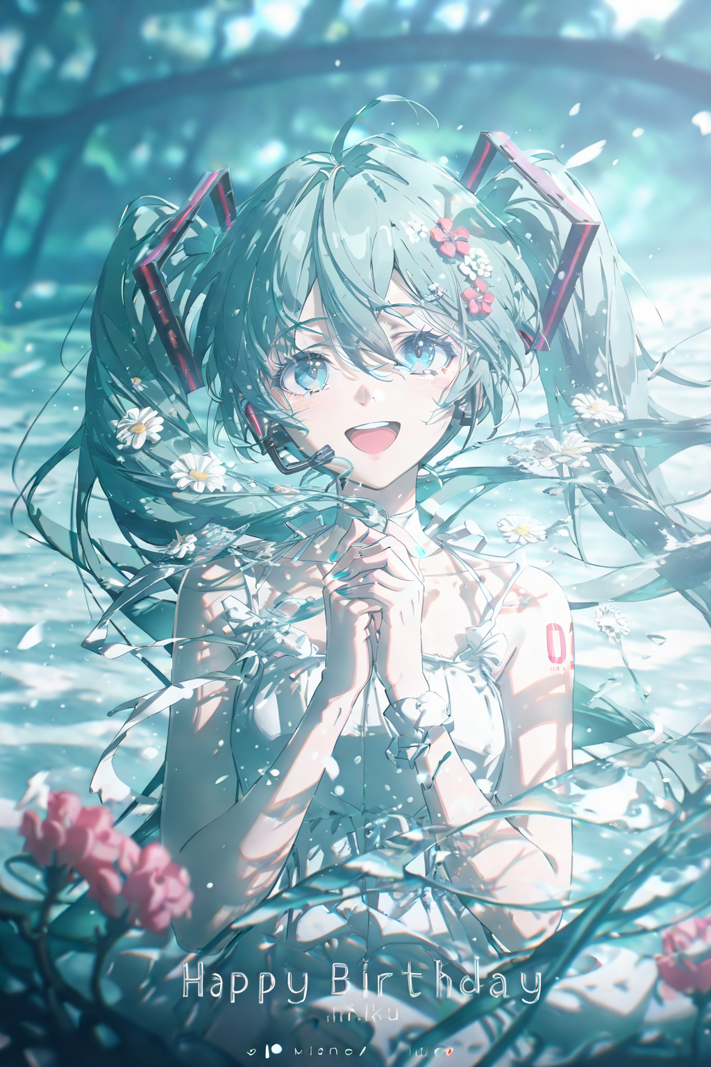 水中花影中的双马尾少女生日贺图