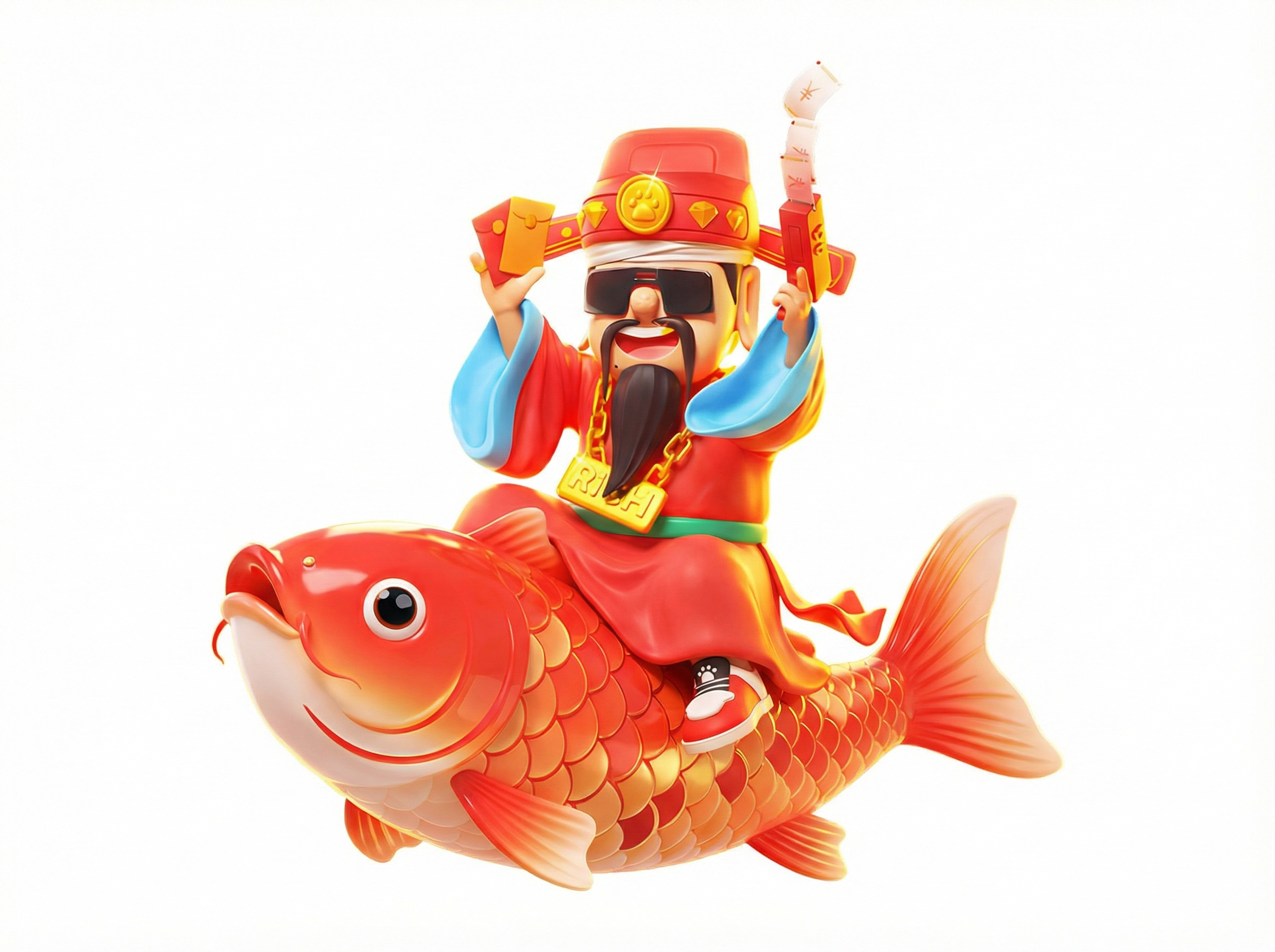 骑锦鲤的中国风财神插画