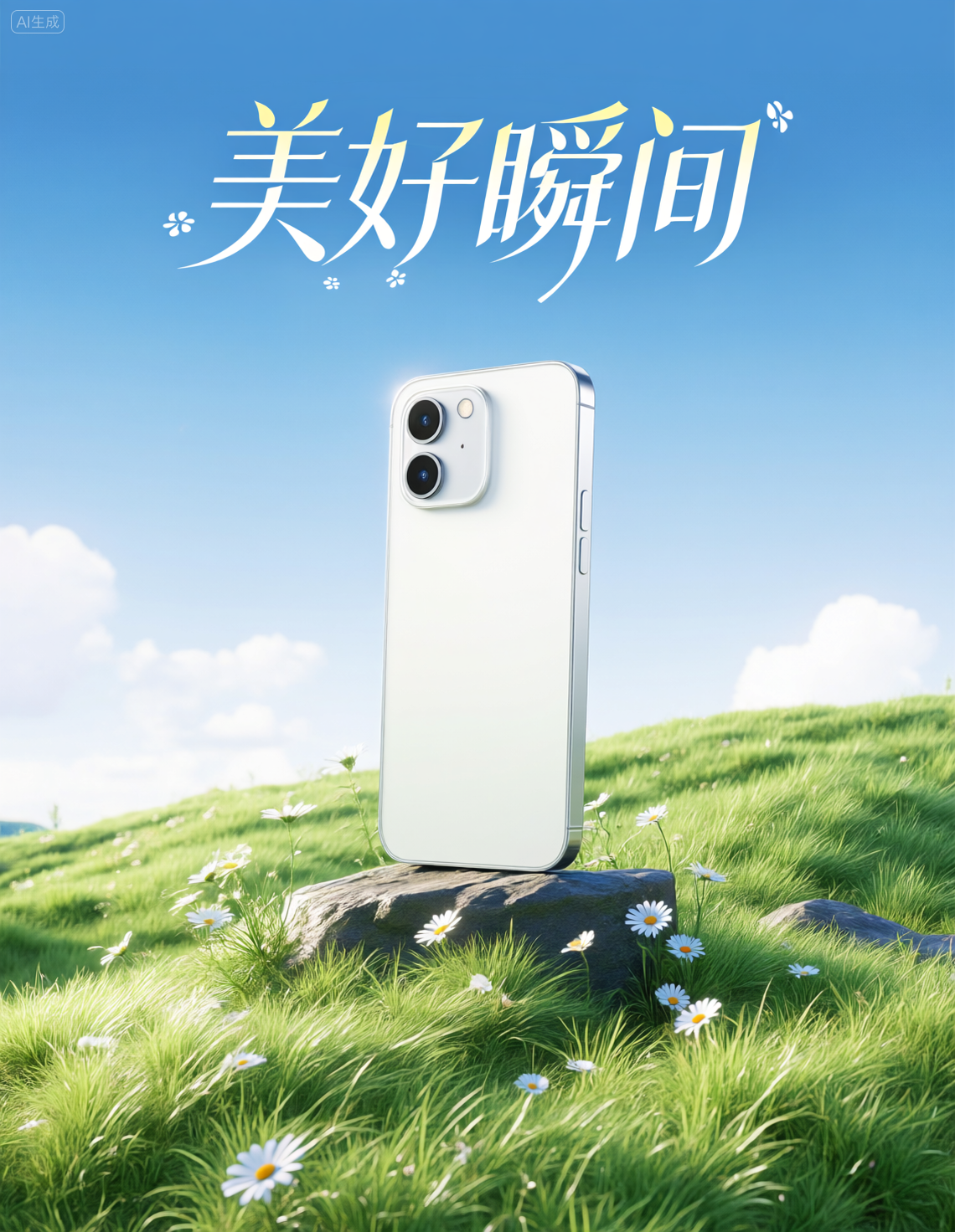 清新草地上的白色手机广告海报
