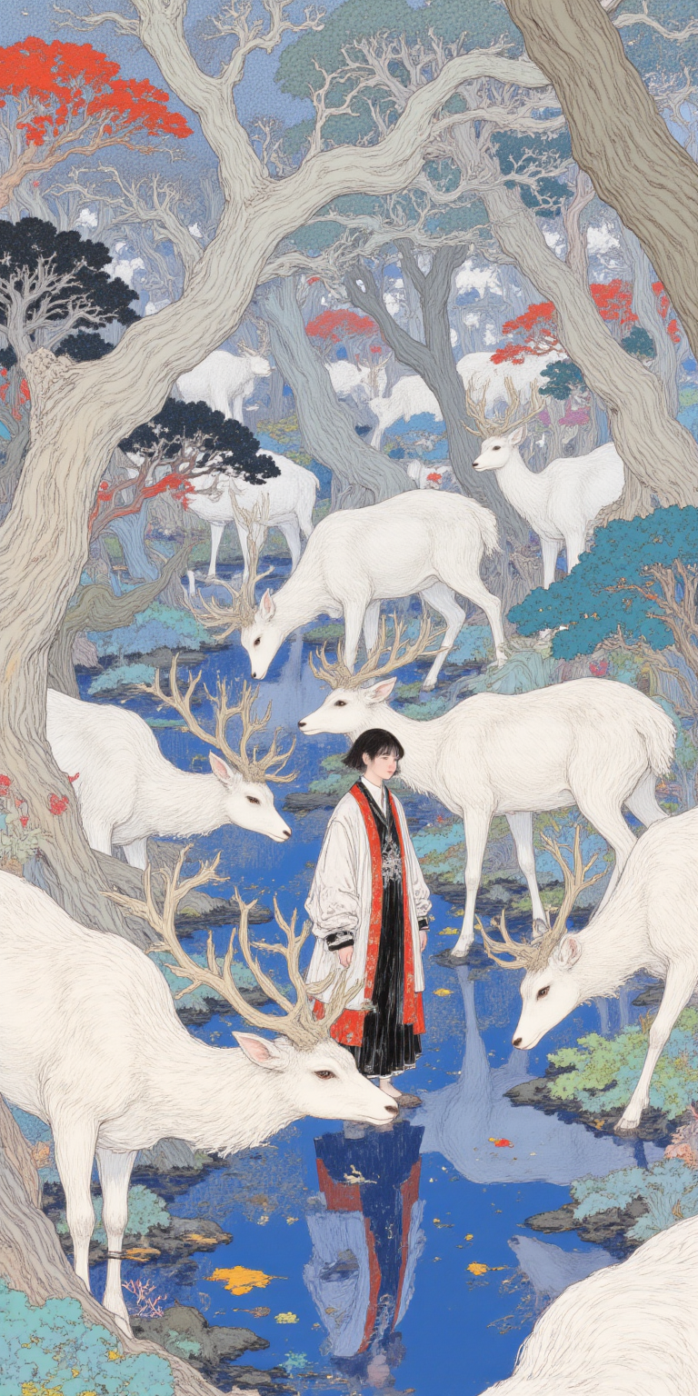 林间白鹿与红衣人物的梦幻国风场景
