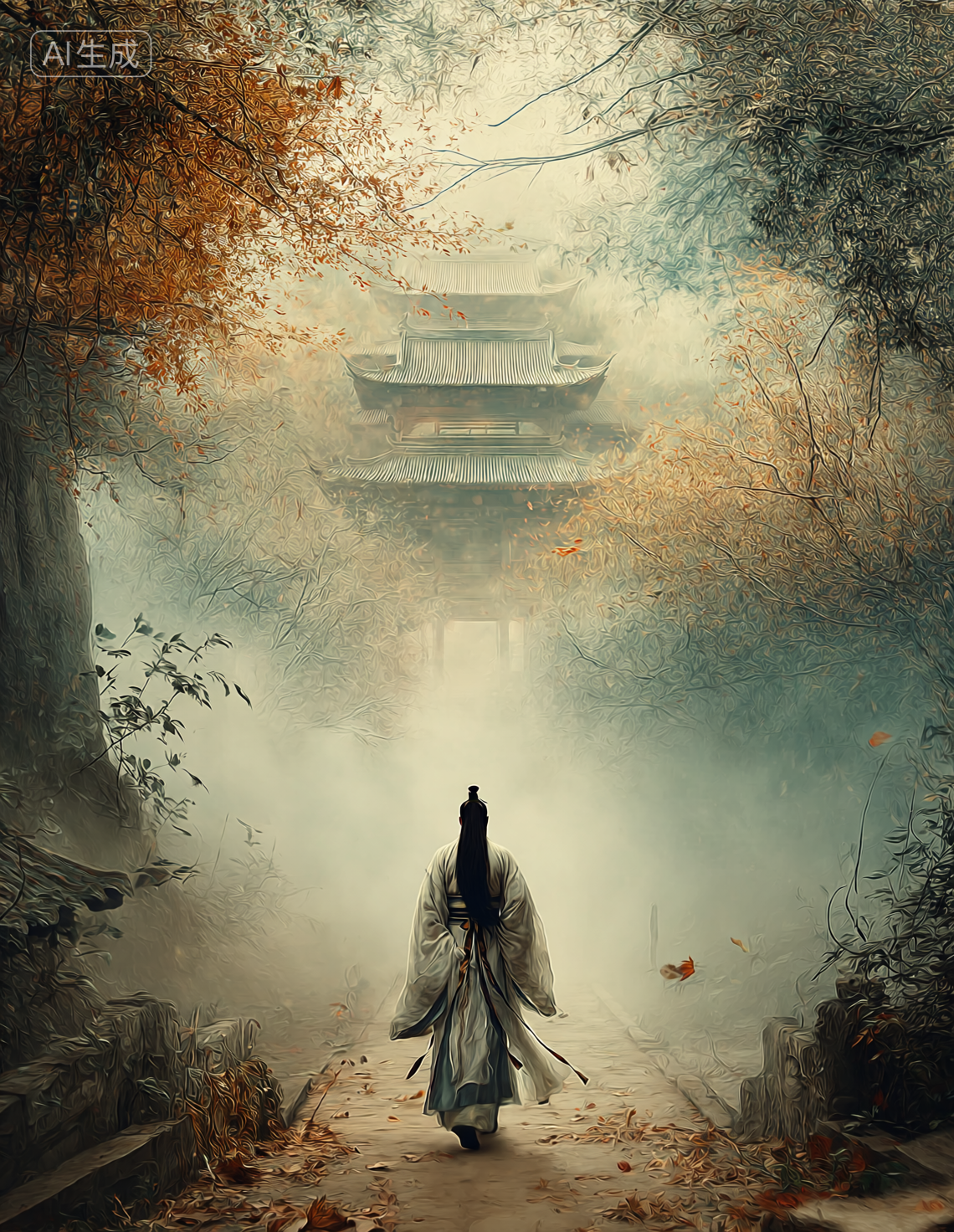 雾林古寺中的孤行身影