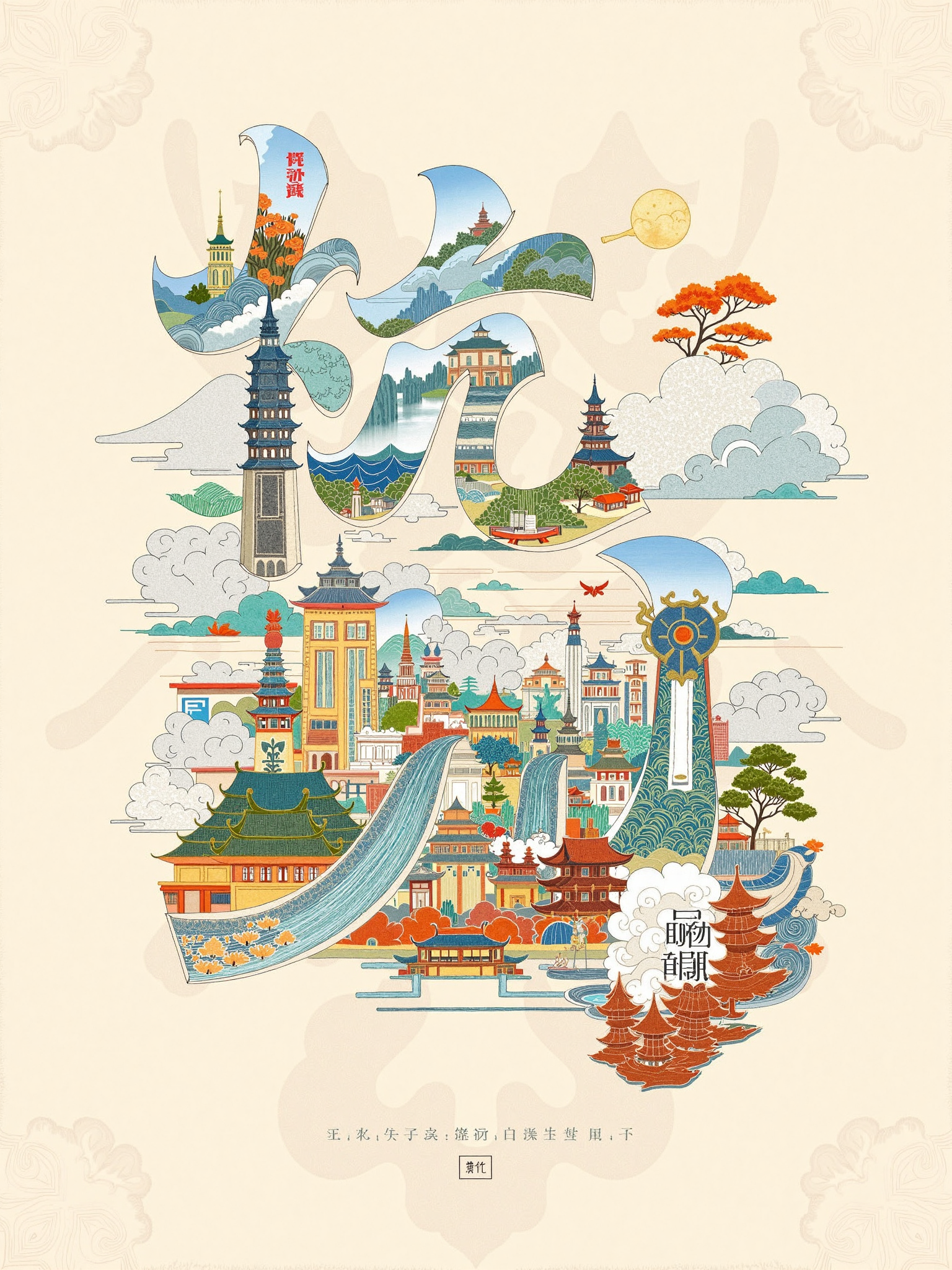建筑插画拼贴文字，文字设计