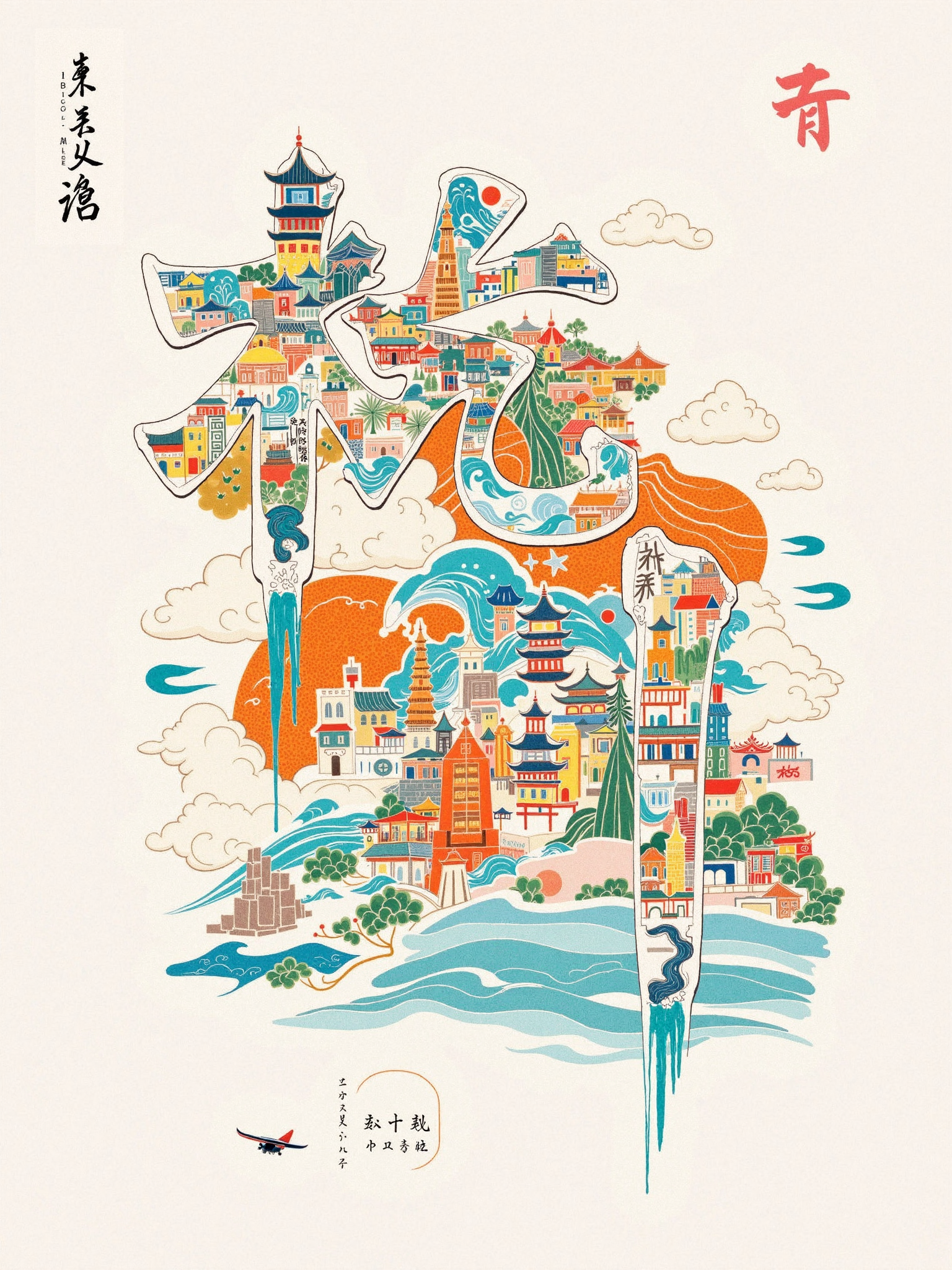 建筑插画拼贴文字，文字设计