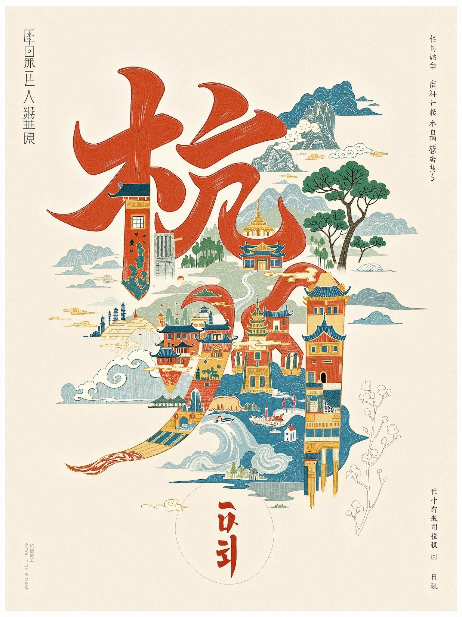 建筑插画拼贴文字，文字设计