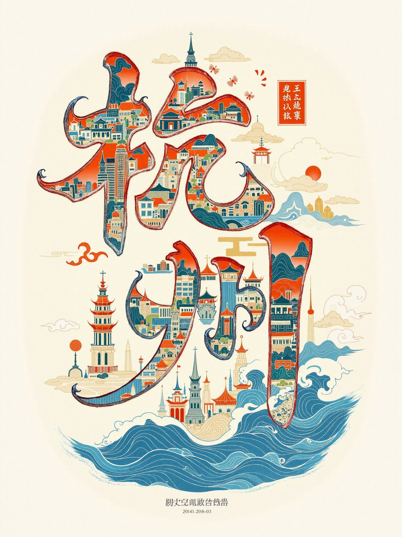 建筑插画拼贴文字，文字设计