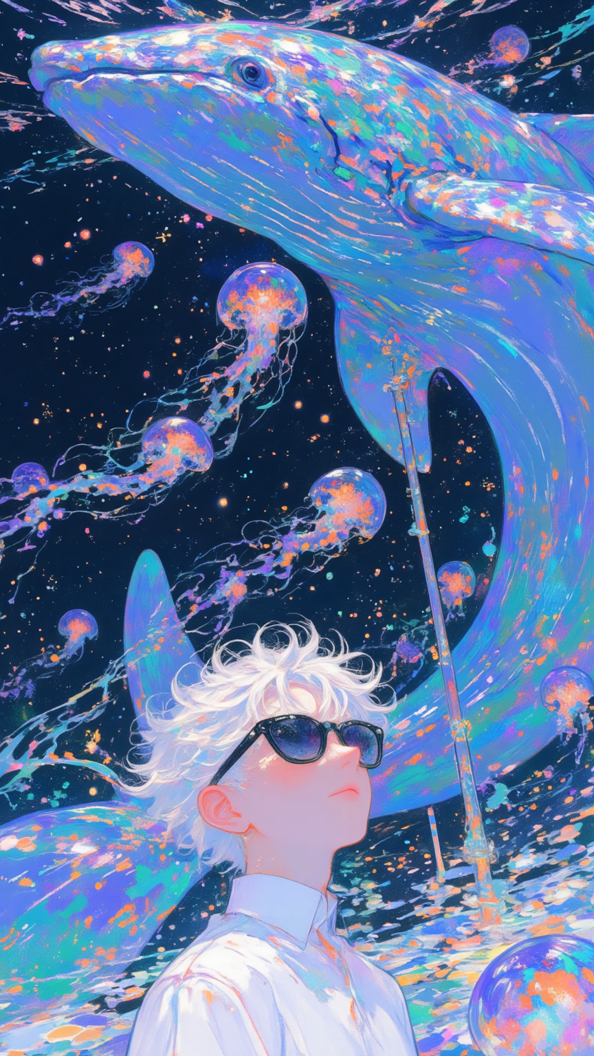梦幻海洋中的白发少年与鲸鱼