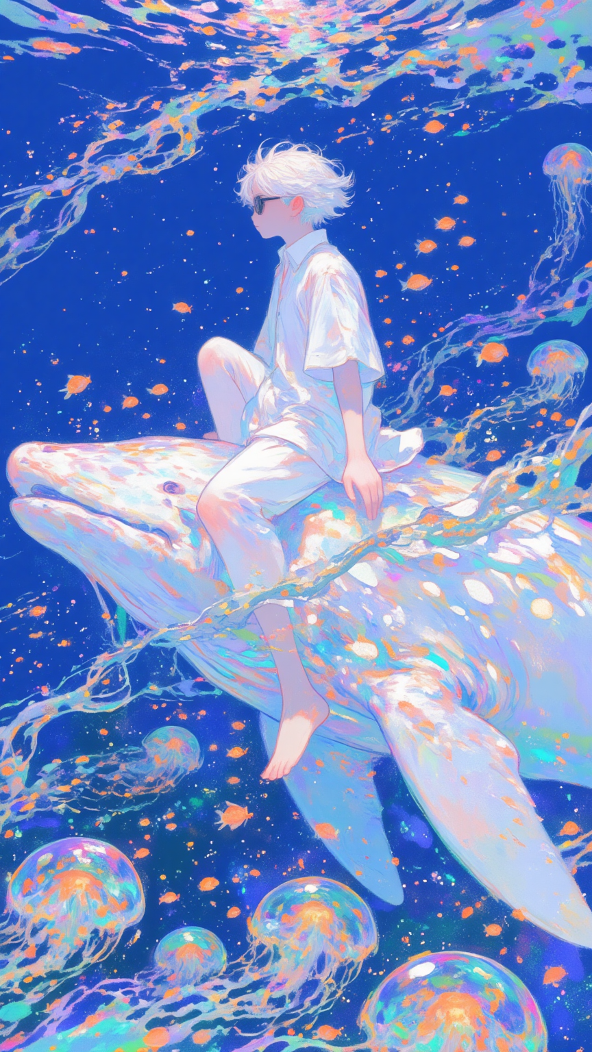 梦幻海洋中的白发少年与鲸鱼