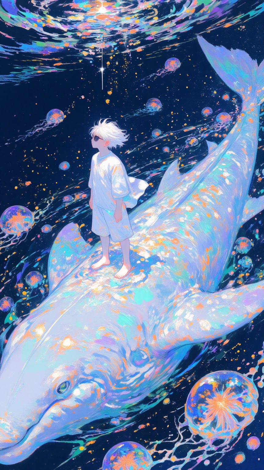 梦幻海洋中的白发少年与鲸鱼