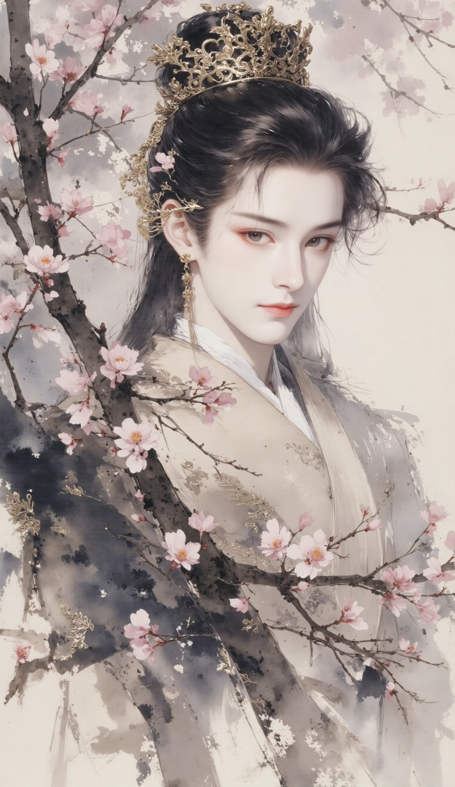 古风花枝间的宫廷仕女画像