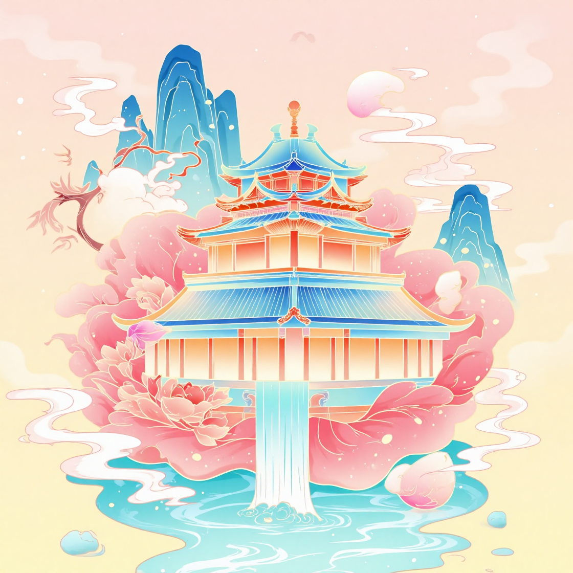 梦幻国风山水楼阁插画