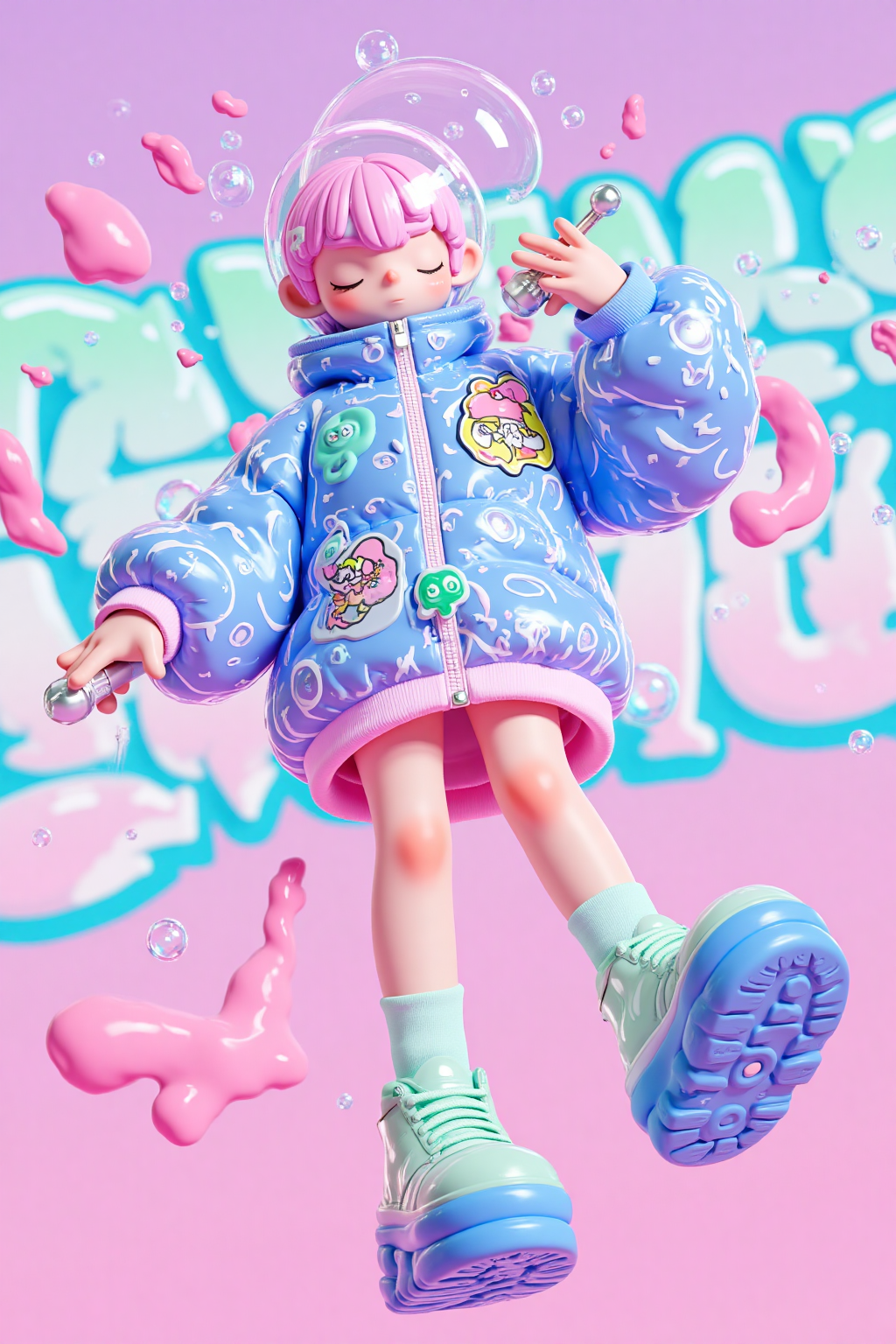 梦幻泡泡感的潮流玩偶女孩插画