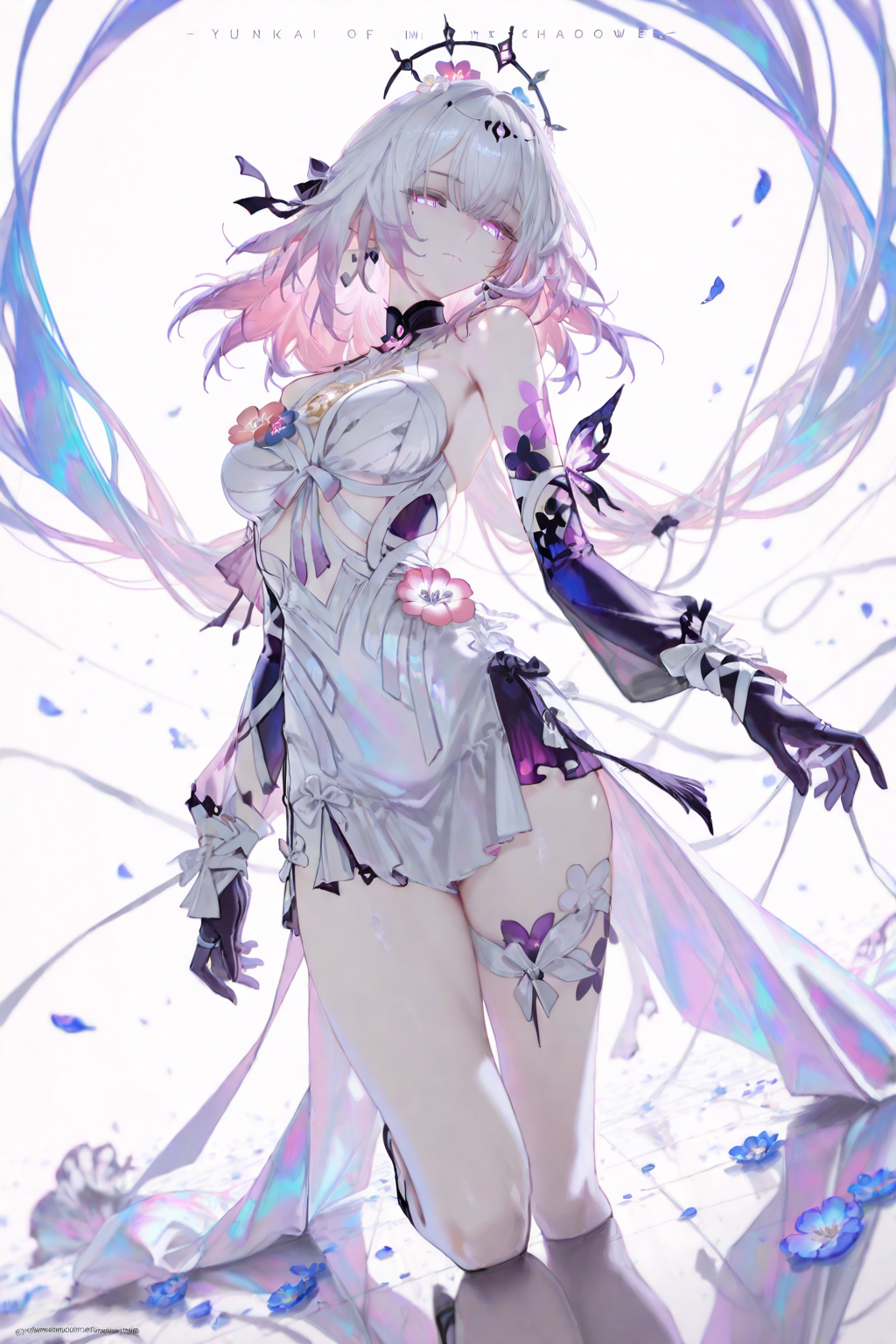 梦幻花蝶风格的白发幻想少女