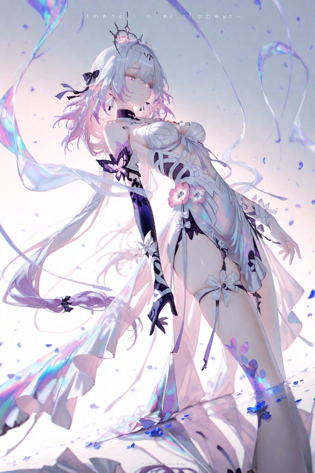 梦幻花蝶风格的白发幻想少女