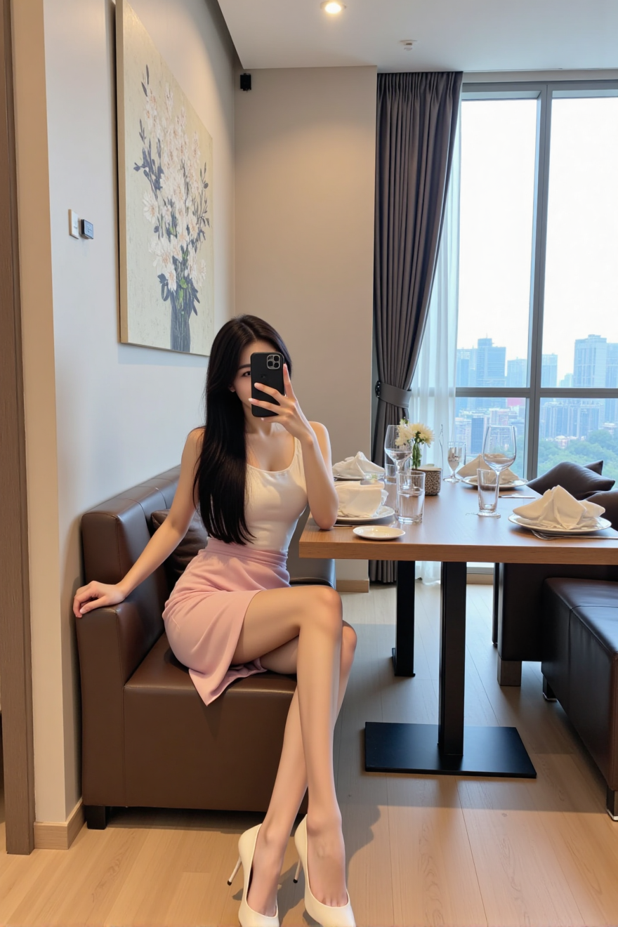 亚洲女性在高层公寓餐厅自拍照