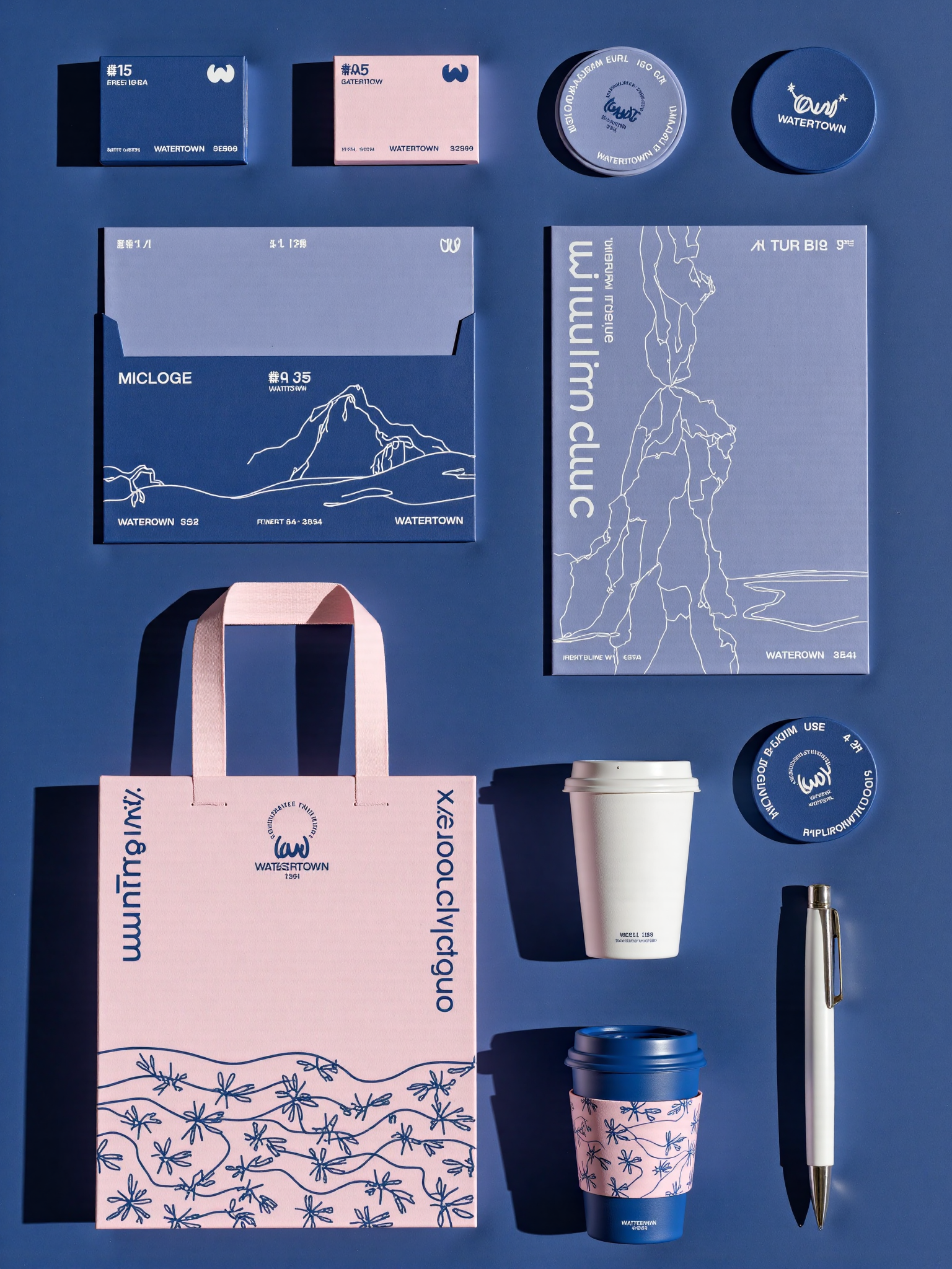 蓝粉配色的现代品牌包装与文创周边陈列