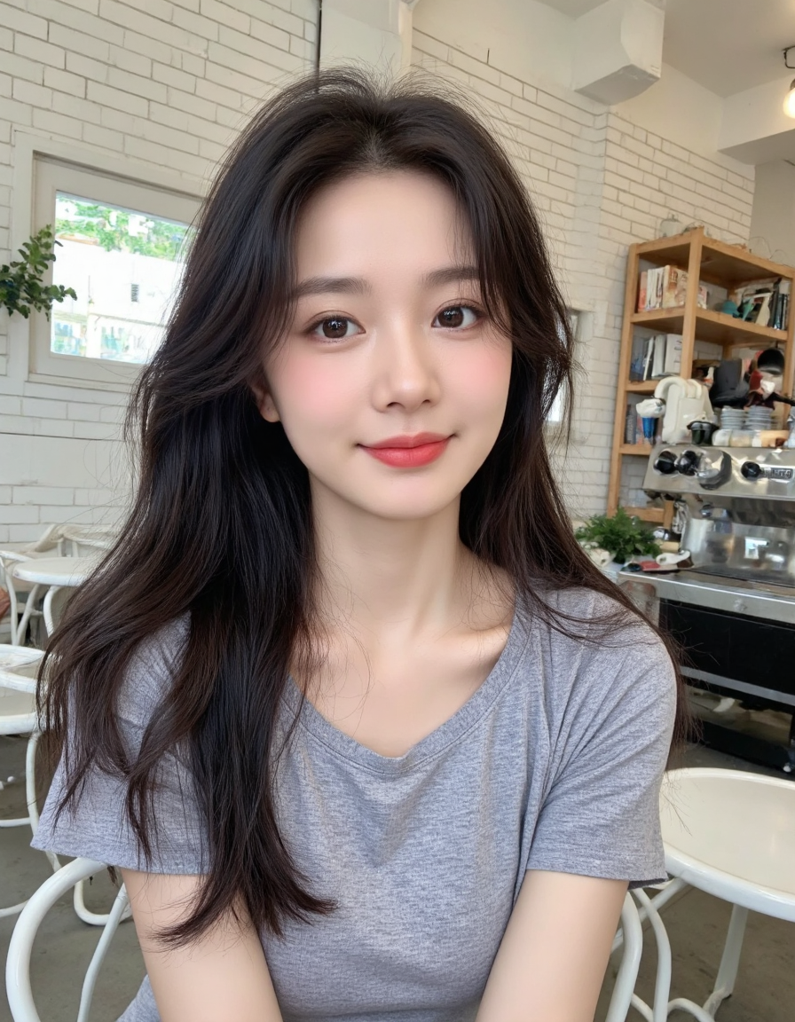 咖啡馆里的长发女性日常自拍