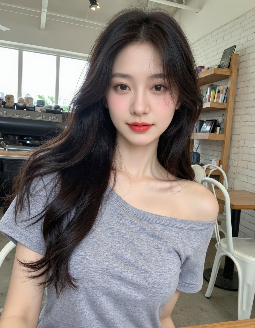 咖啡馆里的长发女性日常自拍
