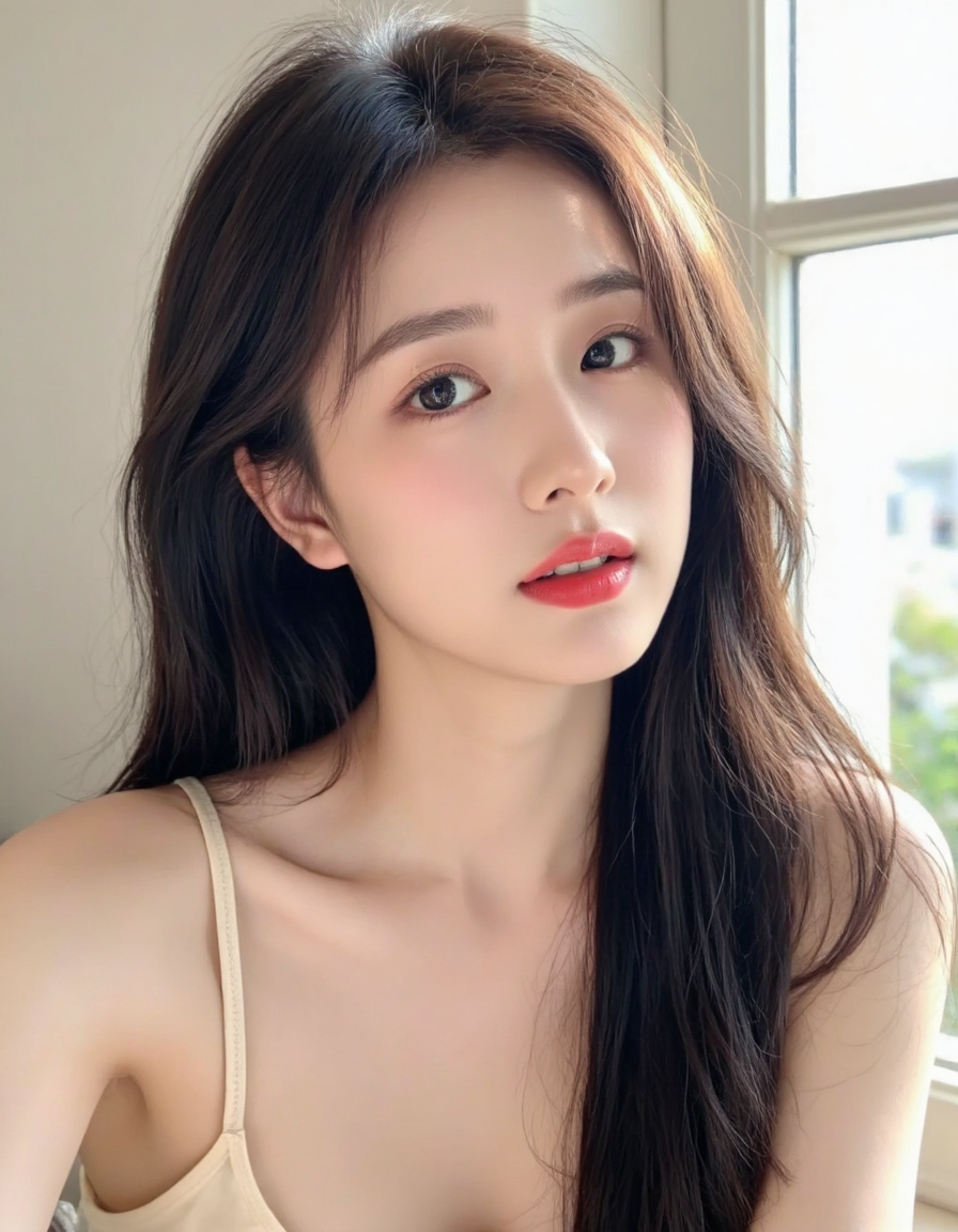 窗边自然光下的清新居家人像