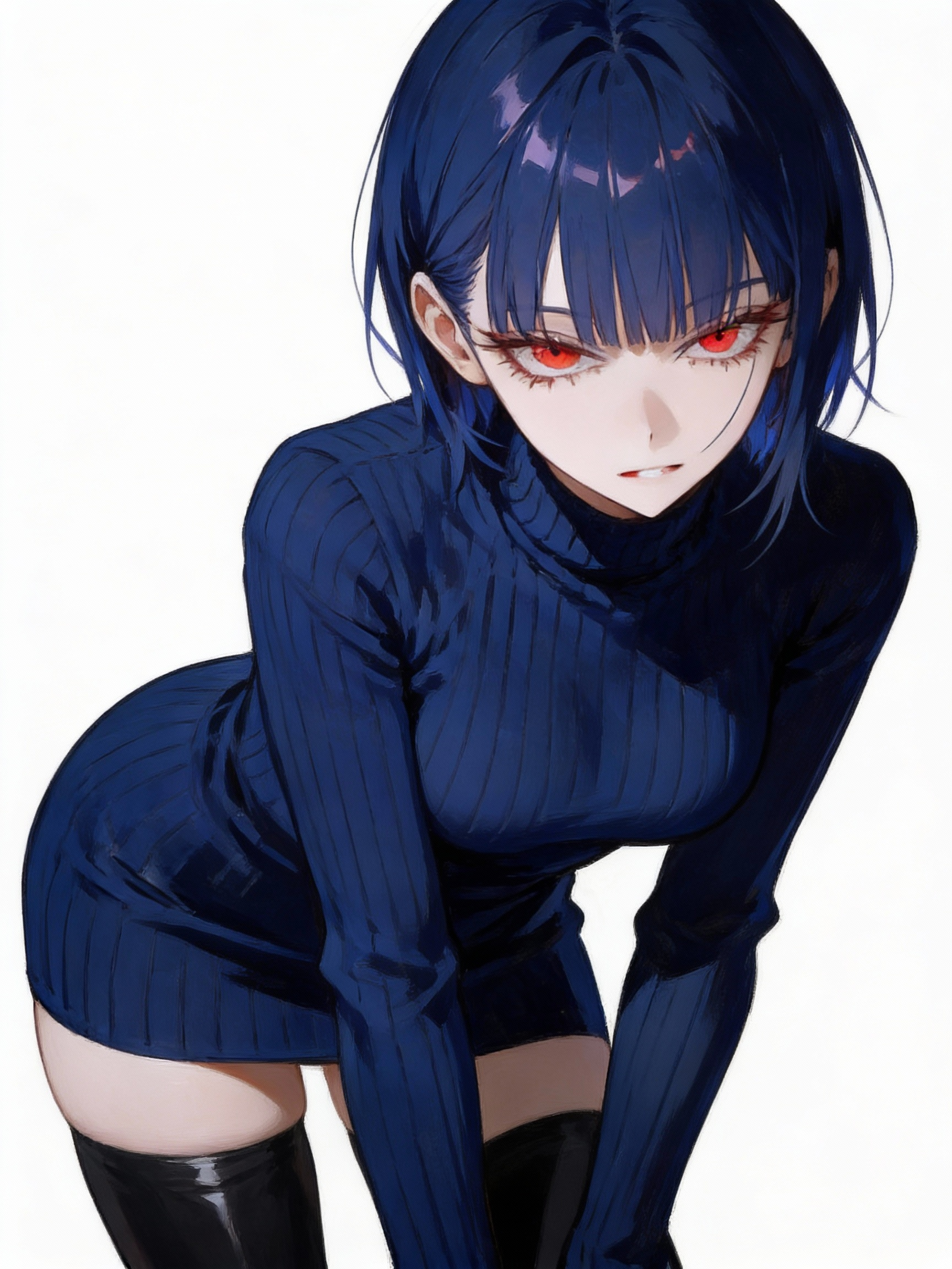 深蓝色高领修身连衣裙的动漫风女性形象