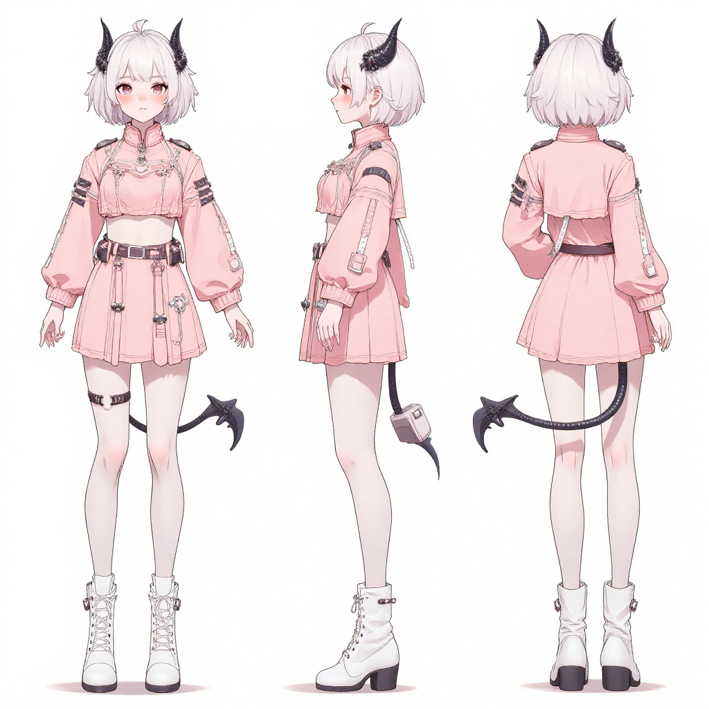 粉色恶魔角少女角色设定三视图