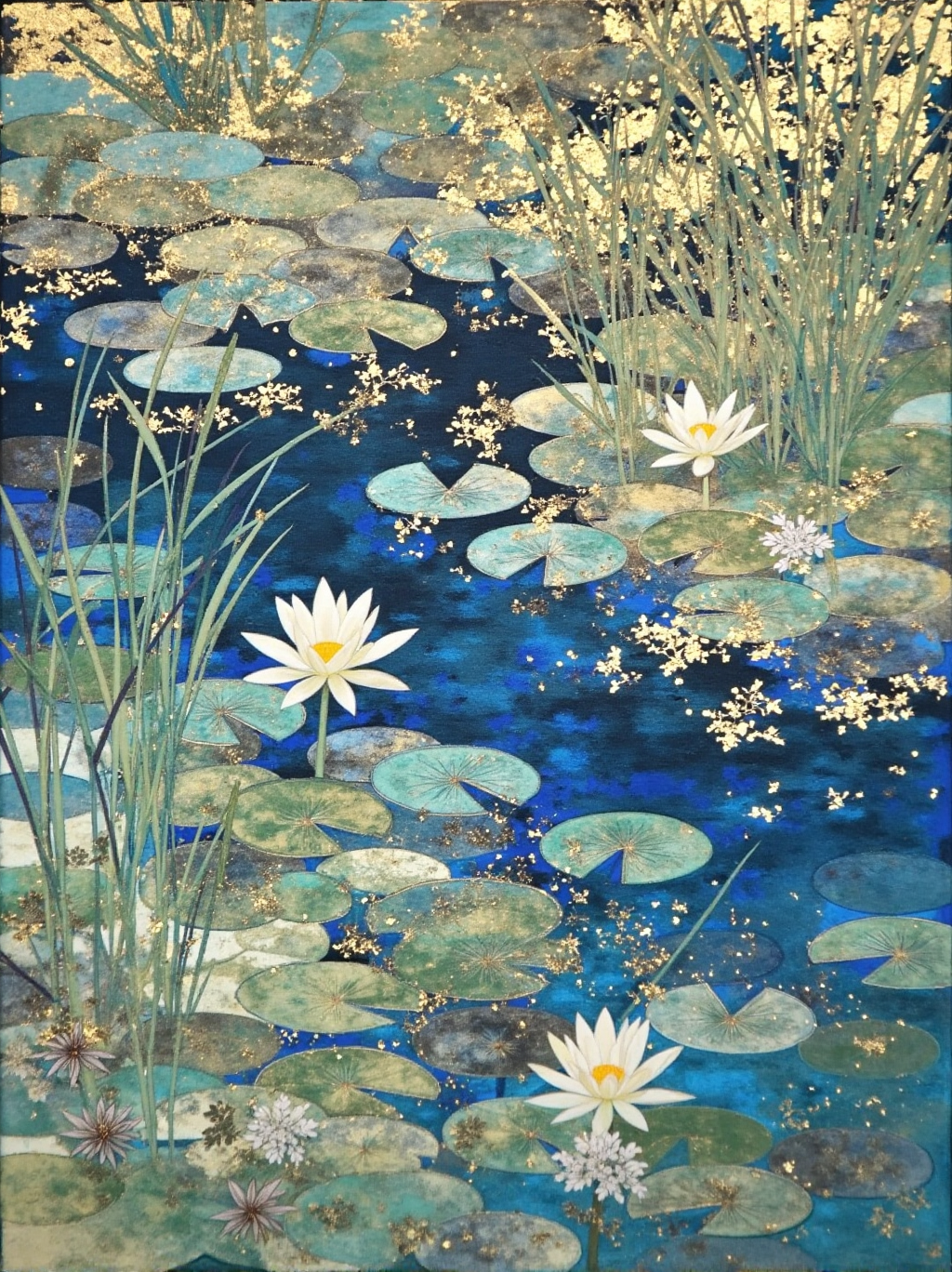 蓝色池塘中的睡莲与芦草
